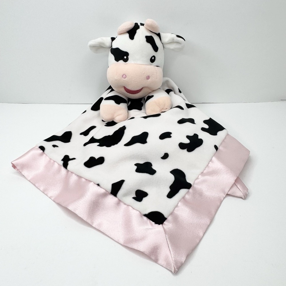 BABYCOLOR Cow Plush Lovey Security Blanket Black White Spotted Pink Satin